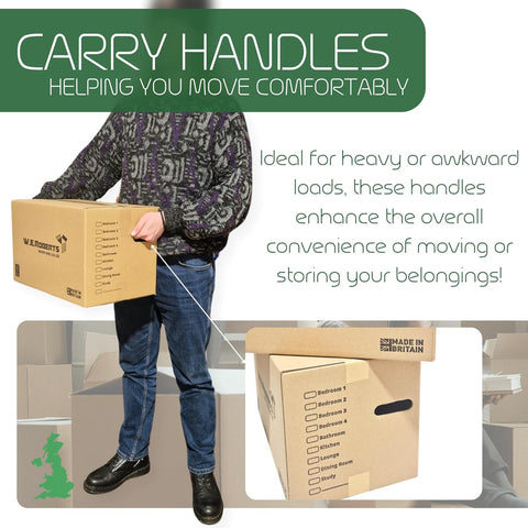 W.E. Roberts Strong Large Cardboard Moving House Boxes 45.7cm x 30.5cm x 25.4cm with Carry Handles and Room List Manufactured in the UK from FSC acredited materials. (15)