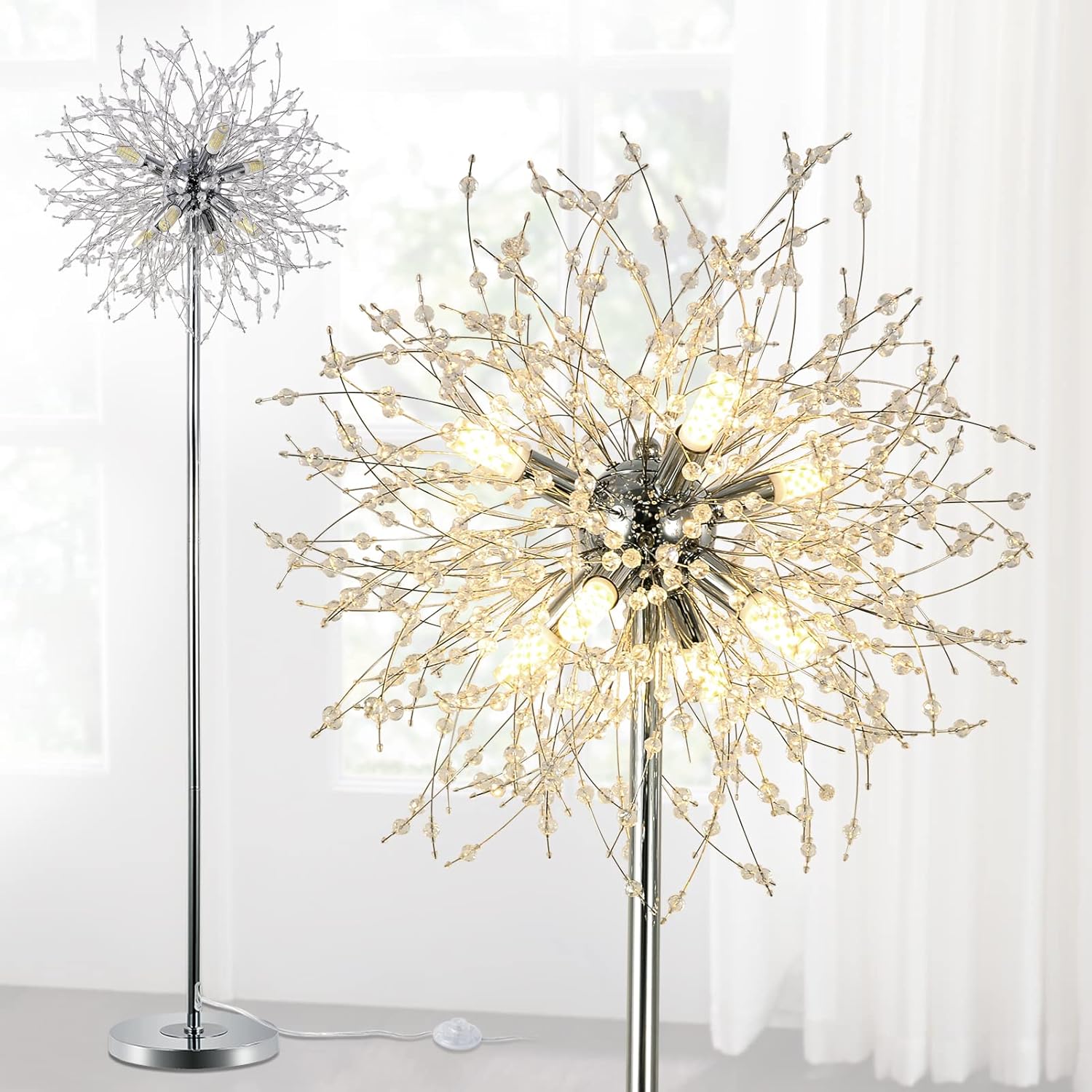 Decorative floor lamp with a starburst design on a white background