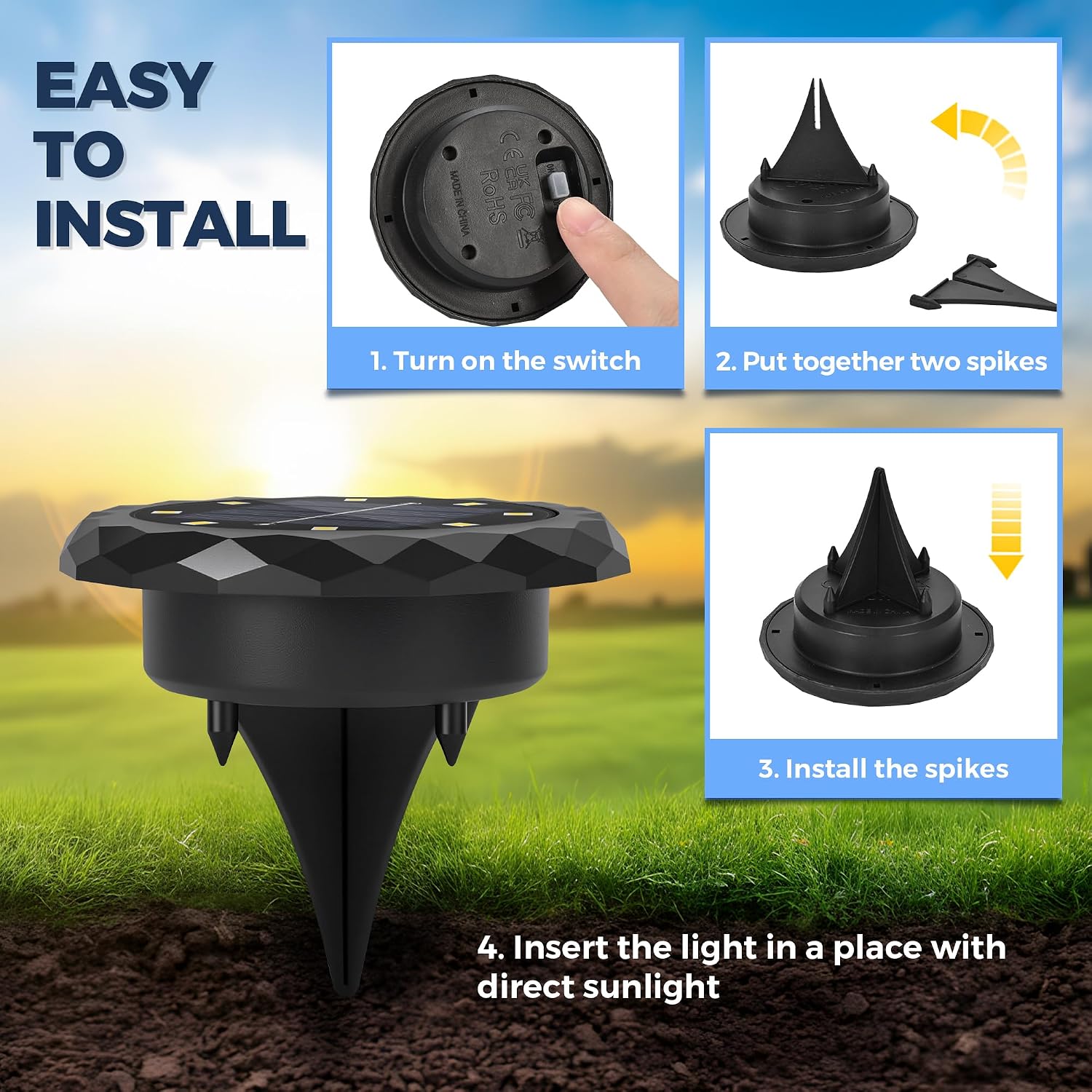 Solpex 10 Pack Solar Lights Outdoor Garden, 8 LEDs Solar Powered Ground Lights, IP65 Waterproof Garden Light for Yard, Patio, Pathway (Warm White)