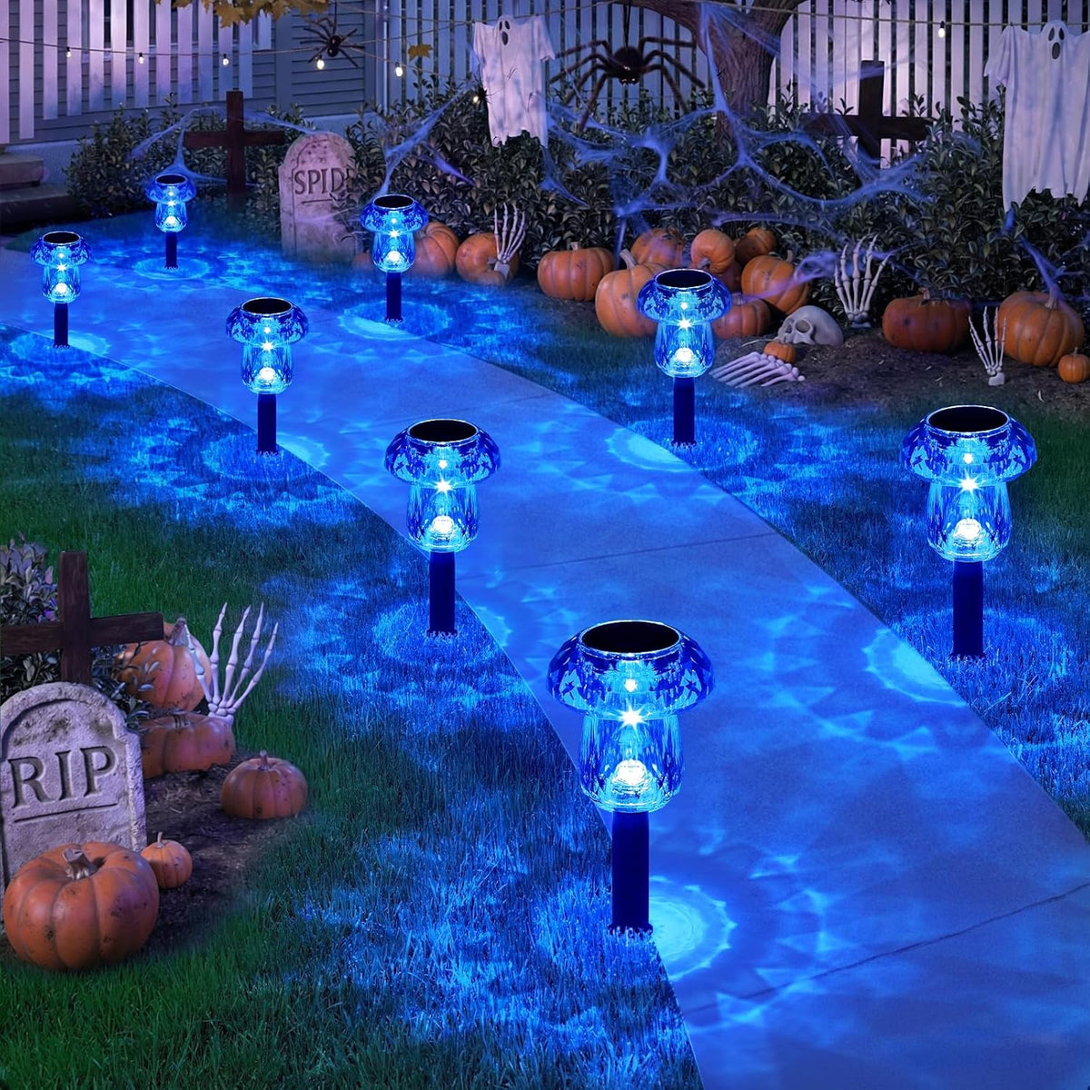 Solar Halloween Lights Outdoor 8 Pack Blue Garden Mushroom Decor