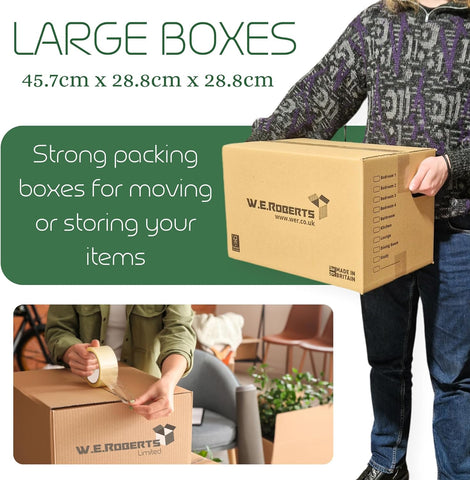 W.E. Roberts Strong Large Cardboard Moving House Boxes 45.7cm x 30.5cm x 25.4cm with Carry Handles and Room List Manufactured in the UK from FSC acredited materials. (15)