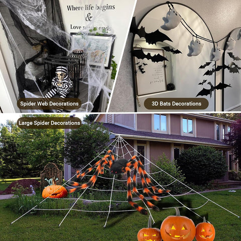 AMLOOPH Giant Spider Halloween Decorations 150cm Orange & Black – Realistic Furry Spider with Cobweb, Mini Spiders & 3D Bats for Indoor & Outdoor Halloween Displays