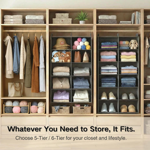 ALLTIDYUP 5-Tier Dual-Row Hanging Wardrobe Organiser, Grey – Foldable Storage Shelves for Clothes, Shoes & Bags