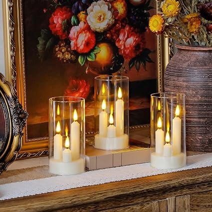 3 in 1 Flameless Taper Short Candles with 10 Key Remote Control and Timer, Battery Operated Pack of 2 LED Acrylic 7.5cm x15cm Ivory Pillar Flickering Warm Light