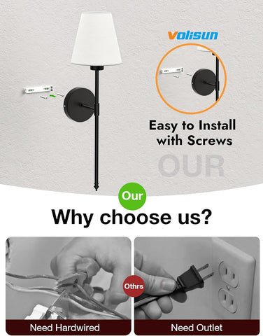 5200mAh Battery Operated Wireless Wall Lights Set of 2, 60CM Rechargeable Wall Lights with Dimmable Detachable Bulbs and Remote, 12-Color Wall Sconce Lighs for Bedroom Living Room Black