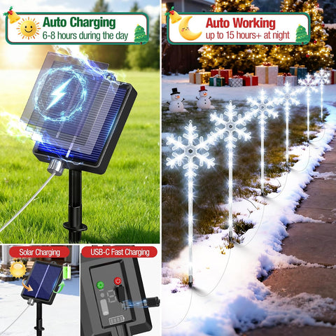 Solar Lights Outdoor Christmas Decorations 6 Pack - 96 LEDs Solar Christmas Snowflake Pathway Lights Outdoor 8 Lighting Modes, Waterproof Xmas Lights for Garden Yard, Cool White