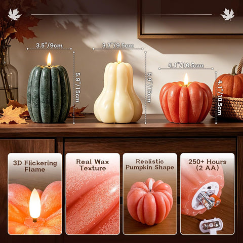 3 Pcs Fall Pumpkin Flameless Candle, LED Battery Operated Pumpkin Candle Light with Remote, Real Wax 3D Flickering Candles, Autumn Thanksgiving Halloween Farmhouse Home Decoration Gift