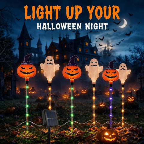 5 Pack Christmas Outdoor Powered Stake Lights, Battery Operated, Waterproof LED Christmas Pathway Lights for Yard Patio Garden Decoration (White Ghost + Pumpkin)