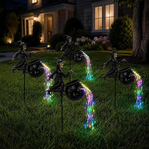 3D Witch Cauldron Garden Stake Light, Metal Iron Art Halloween Yard Ornament, Dimensional Ground Plug Decor for Flower Beds Pathways Patio Indoor Themed Decoration，2PCS