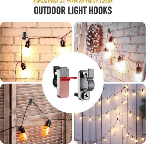 50 Pack Garden Light Hooks with Adhesive & Screws – Black Nylon Outdoor String Light Clips with Safety Buckles for Fences, Patios & Balconies – Keep Every Light Securely in Place