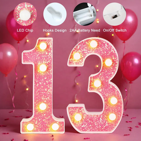 13th Birthday Decorations LED Light Up Numbers, Pink Marquee Number Lights for Girls, Light 13 Sign for Birthday Party Backdrop Anniversary Home Decor