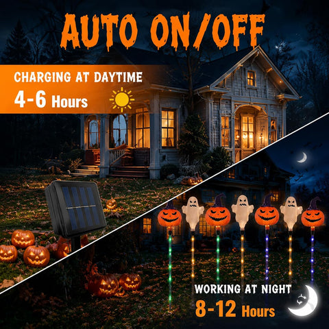 5 Pack Christmas Outdoor Powered Stake Lights, Battery Operated, Waterproof LED Christmas Pathway Lights for Yard Patio Garden Decoration (White Ghost + Pumpkin)