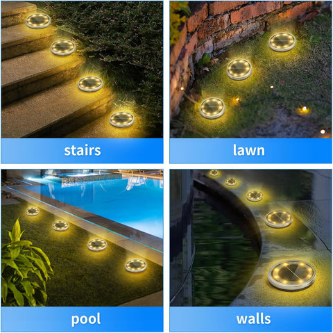 Jsdoin 6PCS Solar Floor Lights Outdoor, 8 LED Lights Waterproof Outdoor Light, IP68 Garden Light Stainless Steel Solar Lamp for Walkway, Terrace, Outdoor, Lawn, Entrance (Warm)
