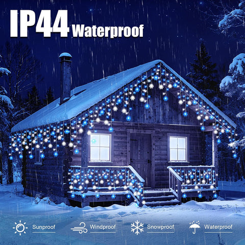 Dalugo 10M Christmas Icicle Lights Outdoor – 240 LED Blue & White Snowflake Lights with 6H Timer, 8 Modes & Memory Function - Make Your Home Glow Like a Winter Wonderland