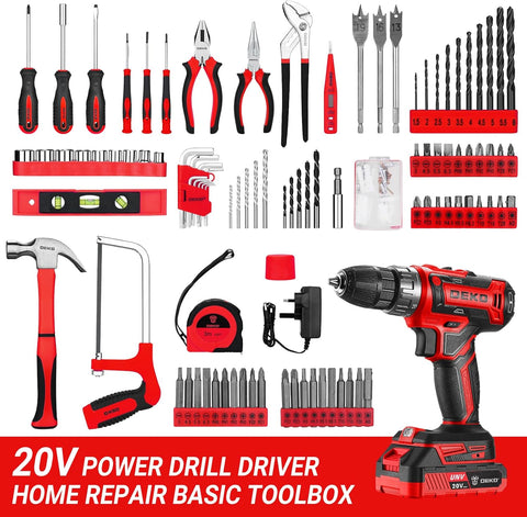 Cordless Drill Tool Kit Set: DEKO 20V Power Drill Tool Box with Battery Electric Drill Driver for Men Home Hand Repair Basic Toolbox Tools Sets Drills Case,186 Pieces(Red)