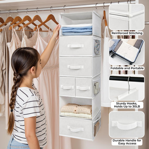 GRANNY SAYS 6-Shelf Hanging Closet Organizers and Storage, Separable to 2 Pack 3-Shelf Closet Hanging Organizer with 3 Drawers, 4 Side Pockets Hanging Shelves for Closet, Nursery, Black