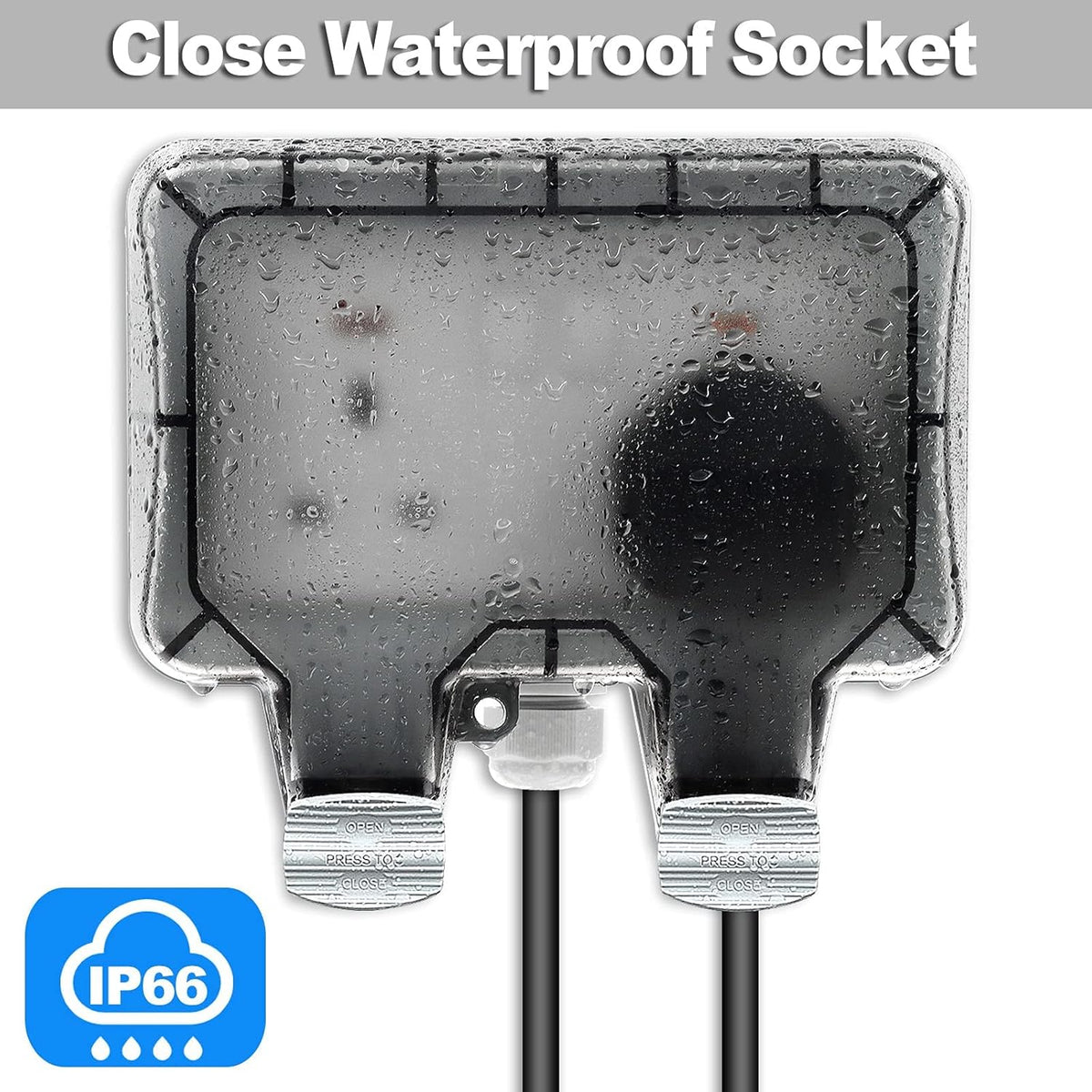 Close-up of a waterproof socket with IP66 rating on a white background