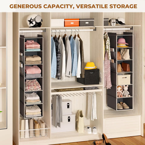 Yirilan 6-Shelf Hanging Wardrobe Organiser with 2 Side Pockets – Foldable Clothes Storage for a Tidier Home