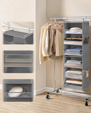 SONGMICS Hanging Wardrobe Organiser, 6-Tier Fabric Storage, Dove Grey