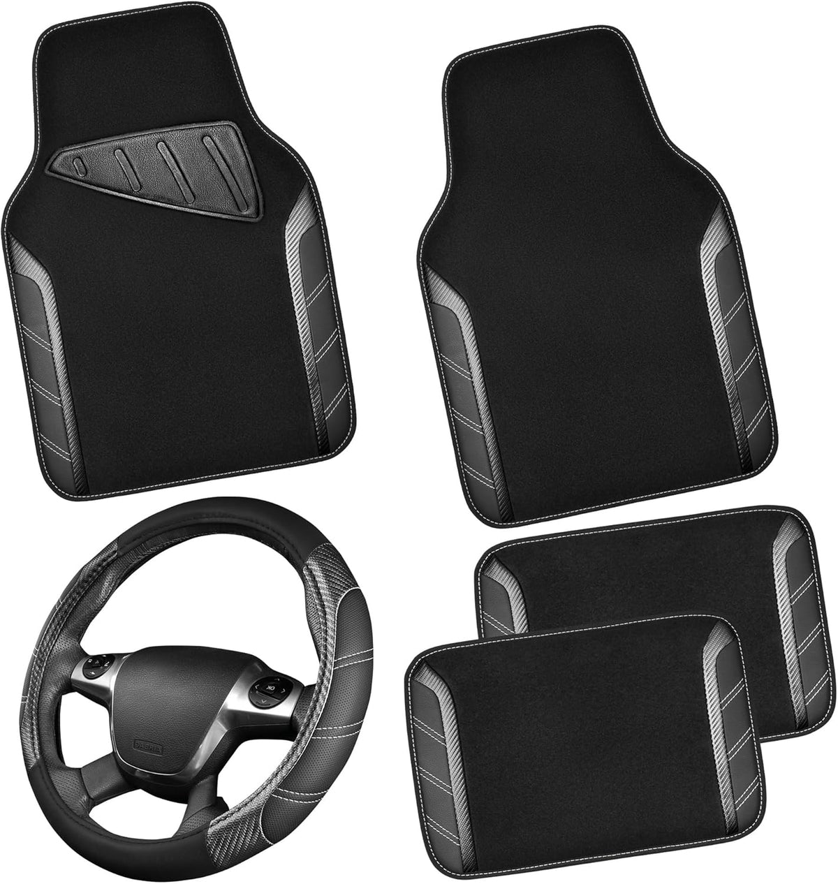 CAR PASS Leather Steering Wheel Cover and Car Floor Mats Set