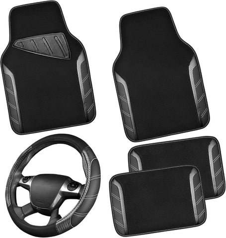 CAR PASS Leather Steering Wheel Cover and Car Floor Mats Set