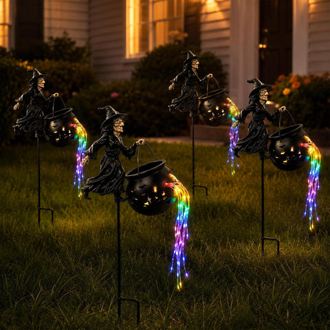3D Witch Cauldron Garden Stake Light, Metal Iron Art Halloween Yard Ornament, Dimensional Ground Plug Decor for Flower Beds Pathways Patio Indoor Themed Decoration，2PCS