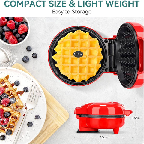 Snailar Mini Waffle Maker – 550W Compact Waffle Iron, Nonstick Coating, Ready Indicator Light, Cool Touch Handle, Easy Clean, Red