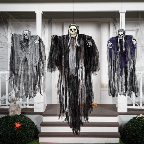 JOYIN 3 Pack Hanging Halloween Skeleton Grim Reaper Decorations – Scary Ghost Skeletons with Adjustable Arms for Indoor & Outdoor Halloween Displays, Parties & Events