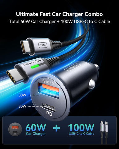 INIU 60W Fast Car Charger Combo with 100W USB-C Cable - Black
