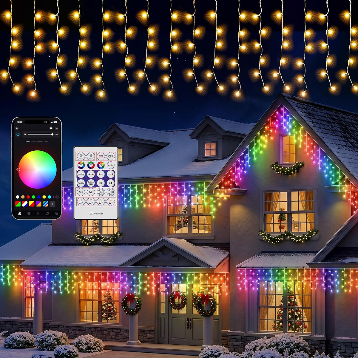 Quntis Smart Christmas Icicle Lights 5m – App & Remote Controlled Multicolour LED Outdoor Fairy Lights with Music Sync, 60+ Modes & IP44 Waterproof Design - Turn Your Home Into a Festive Light Show