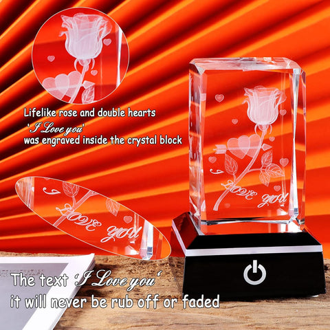3D Crystal Rose Keepsake with LED Light Base, Romantic Valentine Gift for Him or Her