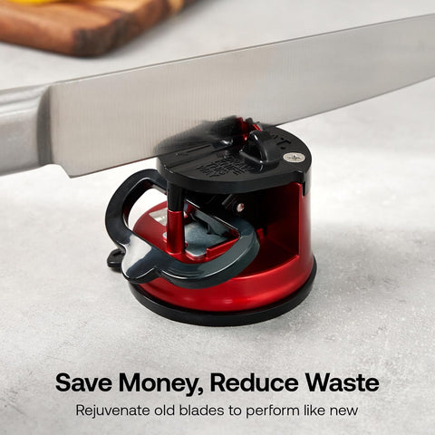 AnySharp Pro Metal Knife Sharpener – Hands-Free PowerGrip Suction | Sharpens All Knives | Hardened Steel & Serrated | Deep Red Finish