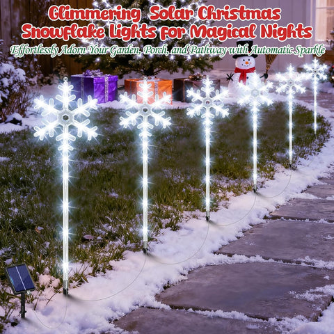 Solar Lights Outdoor Christmas Decorations 6 Pack - 96 LEDs Solar Christmas Snowflake Pathway Lights Outdoor 8 Lighting Modes, Waterproof Xmas Lights for Garden Yard, Cool White