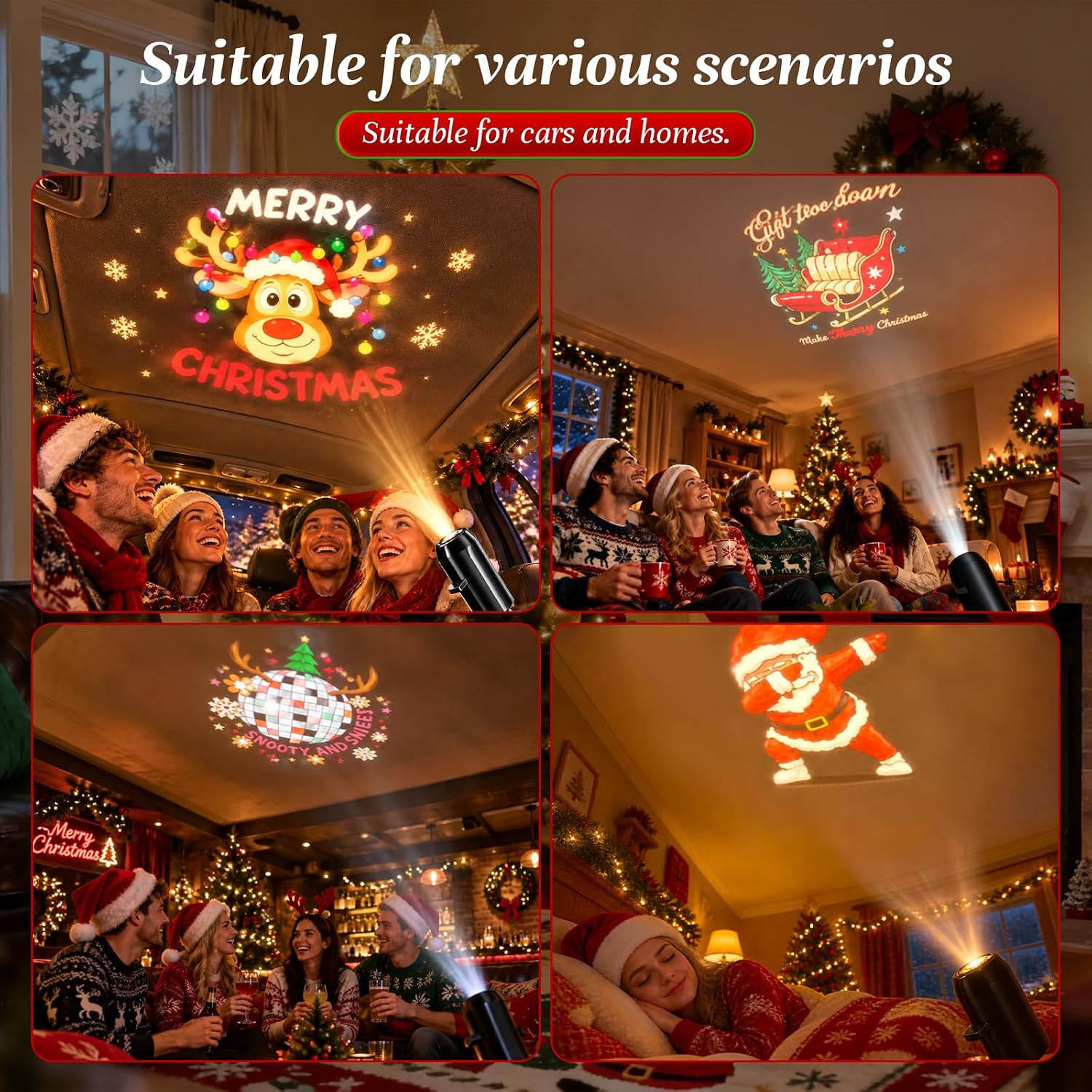 HD 5D Holographic Christmas Night Light Projector – USB 360° Rotating Christmas Projector Light with 10 HD Festive Slides for Bedroom, Living Room & Car
