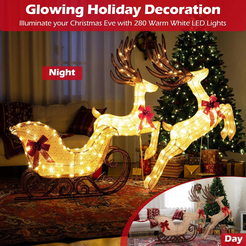 COSTWAY Light Up Reindeer Sleigh with 280 Warm White LED Lights – Outdoor Christmas Decoration