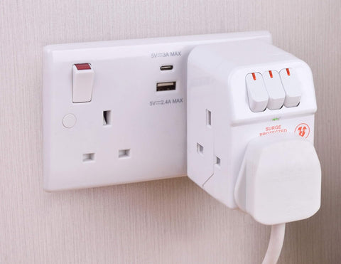 Masterplug MSWG3 Three Socket Surge Protected Adaptor with Individual Switches (Pack of 2)
