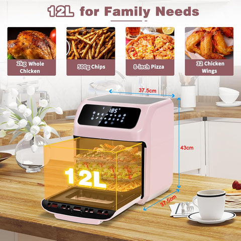 12L Air Fryer Oven with Rotisserie – 12 Presets, 1800W, 90-Min Timer, Oil-Free Cooking, 6 Accessories, Pink