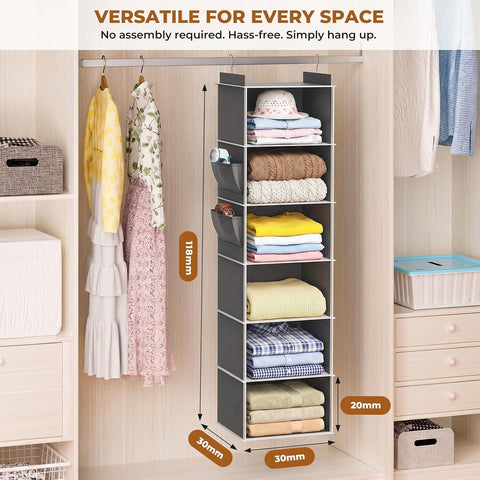 Yirilan 6-Shelf Hanging Wardrobe Organiser with 2 Side Pockets – Foldable Clothes Storage for a Tidier Home