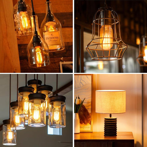 Collage of various hanging lights and lamps with a warm glow.