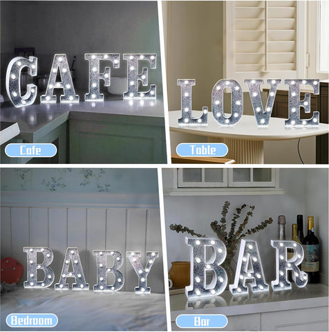 Letter Q Style LED Marquee Lamp, Silver Glitter Light Up Letter Sign, Battery Powered Tabletop Decorative Marquee Light with On/Off Switch for Wedding, Birthday, Party and Home Decor