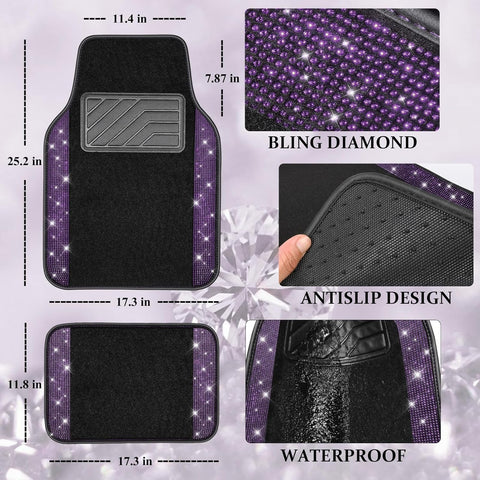 CAR PASS Bling Rhinestone Diamond Car Floor Mats – Violet Purple