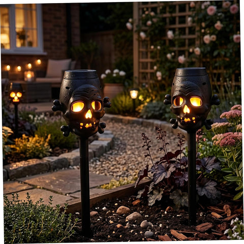 2Pcs 6.9in Flickering Flame Skull Solar Torch Light for Garden Pathway in Yellow