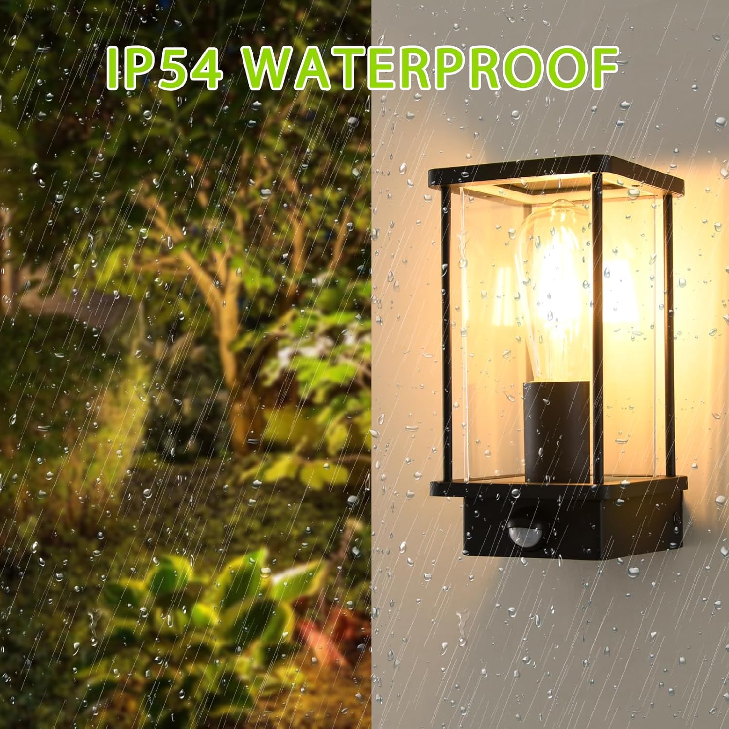 Outdoor wall light fixture with rain simulation on a garden background, labeled 'IP54 Waterproof'.