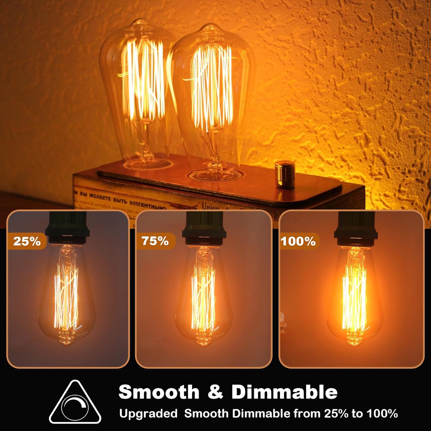 Vintage-style light bulbs with dimmable indicators on a textured surface.