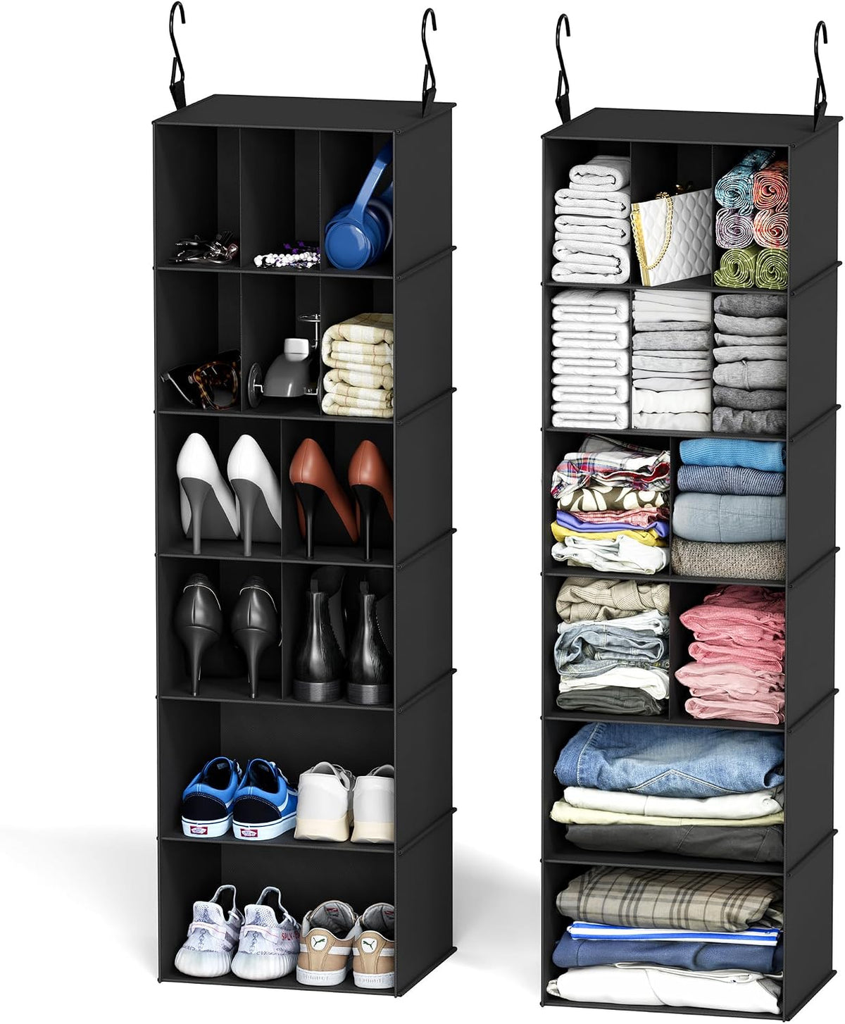 SpaceAid 2-Pack Hanging Closet Organiser, 24 Compartments with Dividers, Black Non-Woven Fabric Storage Shelves for Shoes, Clothes, Wardrobes and RVs