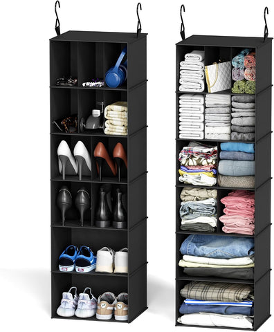 SpaceAid 2 Pack Hanging Closet Organiser and Storage with Dividers, 24 Compartments Hanging Shoe Shelves for Closet, Wardrobe, RV, Garment Rack - Black