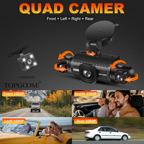 TOPGOOSE 360° 4-Channel Dash Cam FHD 1080P with Night Vision & 64GB Card