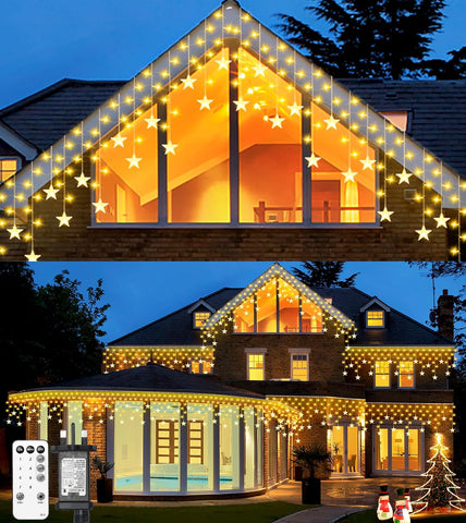 ULIGHTOWN 9M Star Icicle Outdoor Christmas Lights – 180 Warm White LEDs, 8 Modes, Timer & IP44 Water Resistant for Eaves, Windows & Festive Decor - Turn Your Home Into a Little Winter Wonderland
