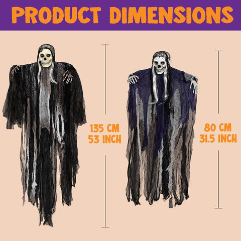 JOYIN 3 Pack Hanging Halloween Skeleton Grim Reaper Decorations – Scary Ghost Skeletons with Adjustable Arms for Indoor & Outdoor Halloween Displays, Parties & Events