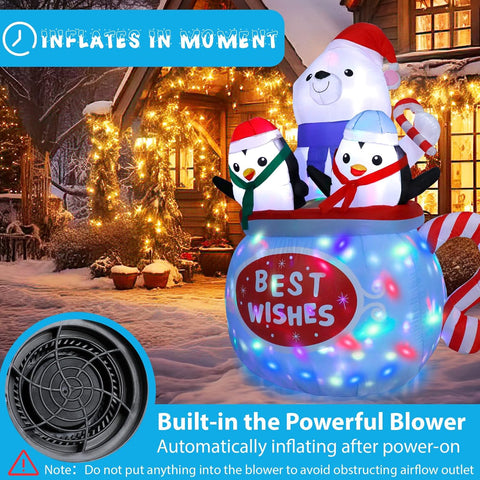 6FT Christmas Inflatable Polar Bear & Penguins Decoration with LED Lights